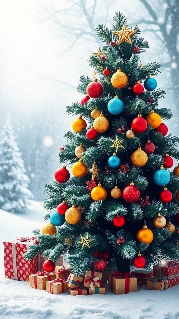 A colorful Christmas wallpaper with a decorated tree, ornaments, and snowflakes, perfect for holiday cheer.